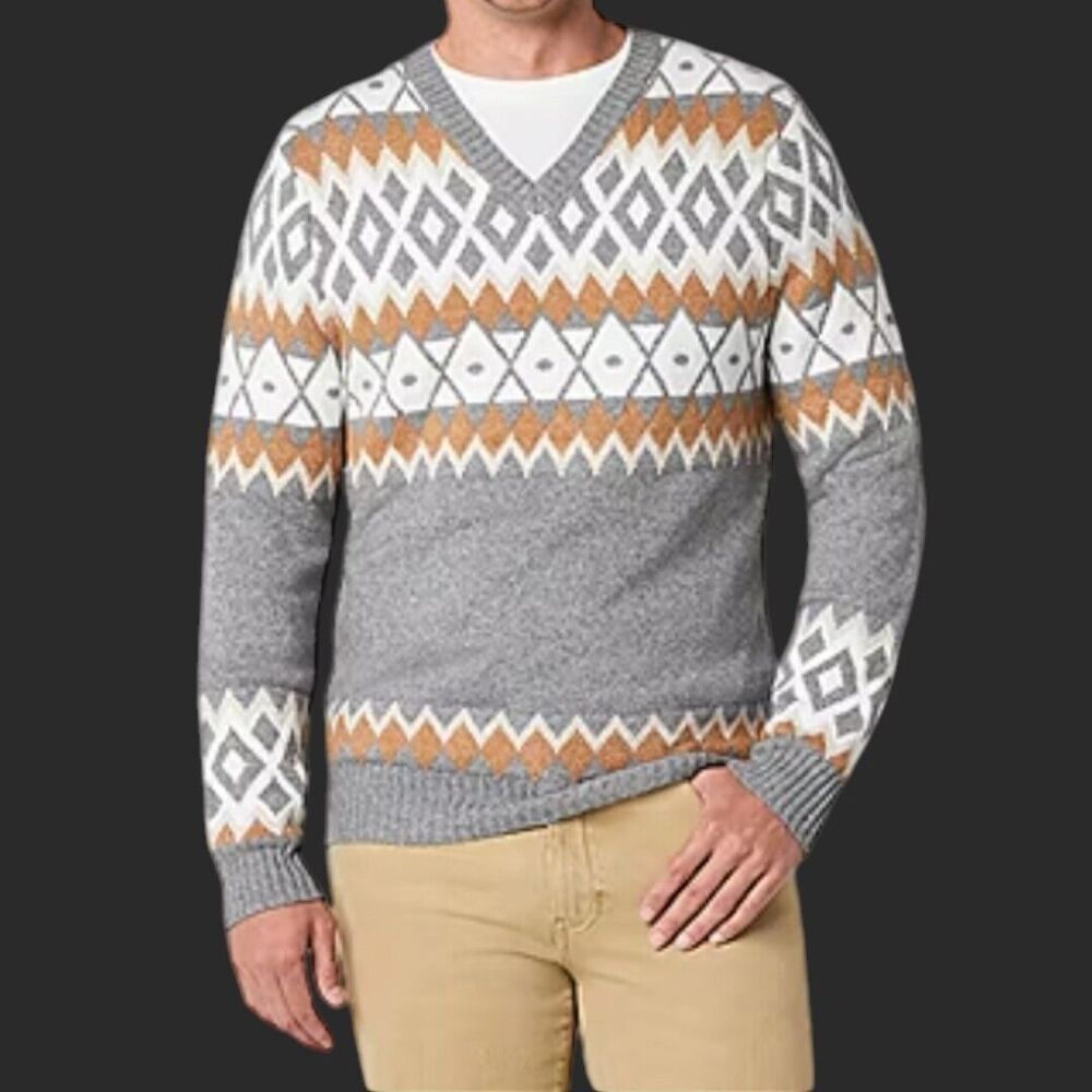 North Pole Sweater Mens S Gray White V-Neck Geometric Outdoor Heavyweight Casual
